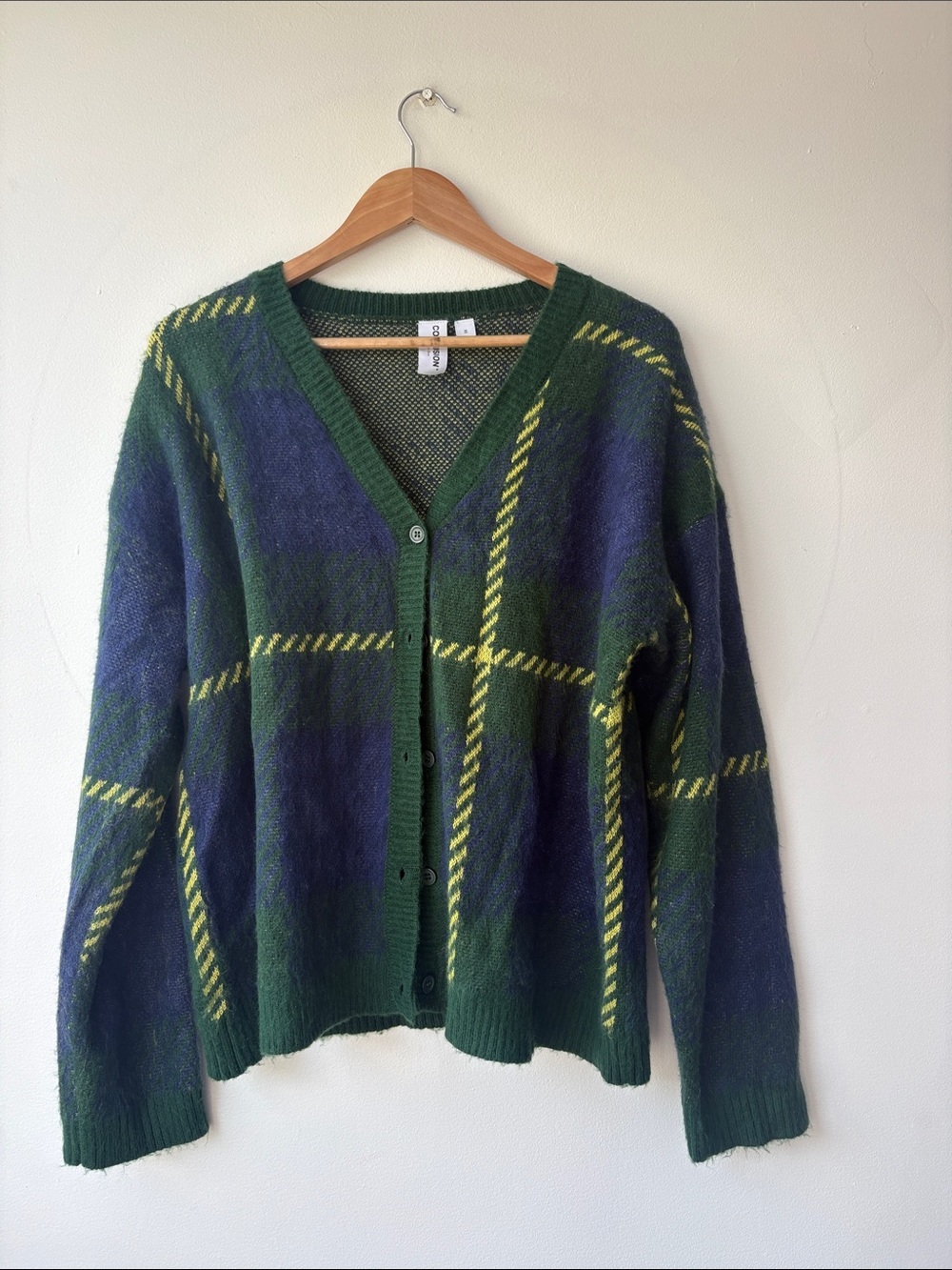 The Ragged Priest Green & Navy Plaid V-Neck Cardigan Sweater